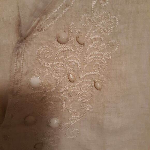 JM Collection 100% Linen Shirt Beaded Embroidered Bodice 3/4 Sleeve Size 12P LN - Picture 4 of 7